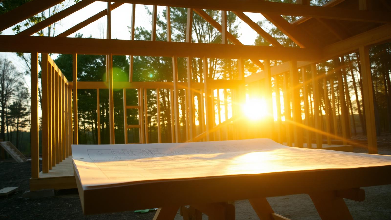 House framing and architectural plans at sunset