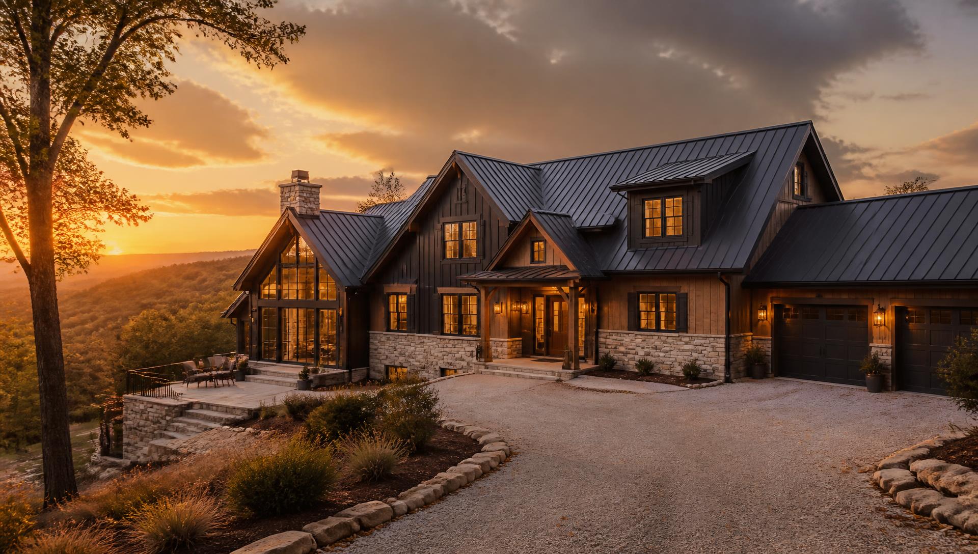 Custom Ozarks home on a wooded Missouri ridge at golden hour